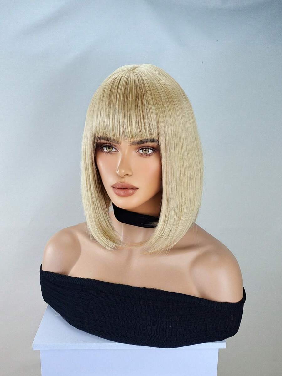 12-Inch Straight Bob Wig with Bangs — Black, Gold or Blonde Ombre