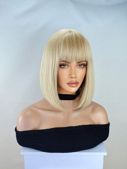12-Inch Straight Bob Wig with Bangs — Black, Gold or Blonde Ombre