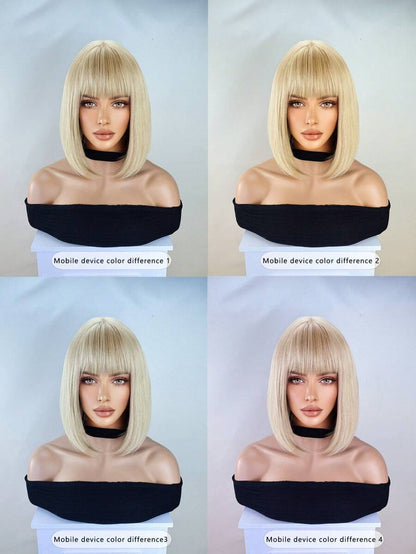 12-Inch Straight Bob Wig with Bangs — Black, Gold or Blonde Ombre