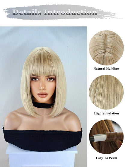 12-Inch Straight Bob Wig with Bangs — Black, Gold or Blonde Ombre