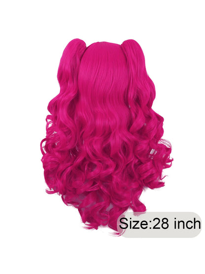 28-Inch Hot Pink Long Curly Twin-Ponytail Synthetic Wig