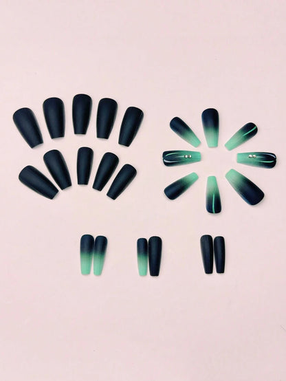 24-Piece Blue Gradient Press-On Nail Set with Rhinestone Accents