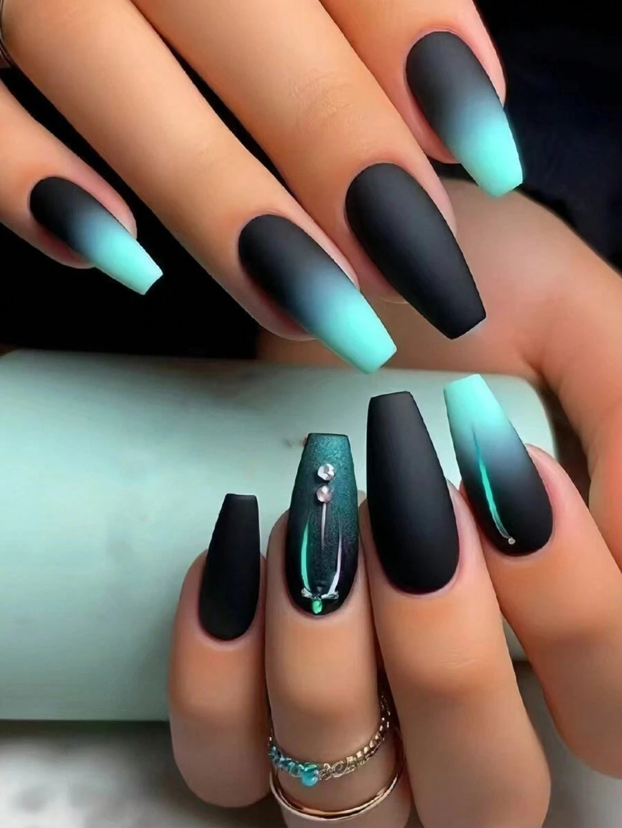 24-Piece Blue Gradient Press-On Nail Set with Rhinestone Accents
