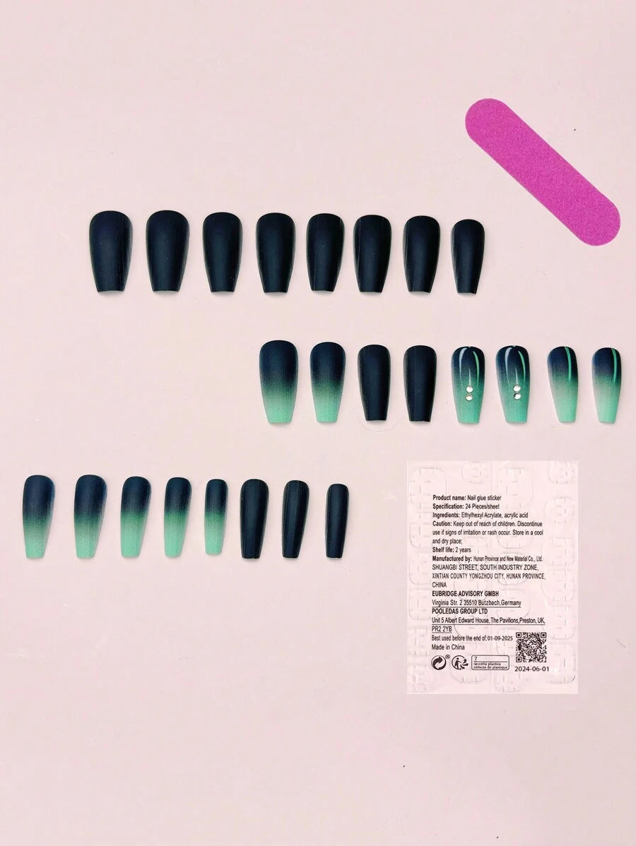 24-Piece Blue Gradient Press-On Nail Set with Rhinestone Accents