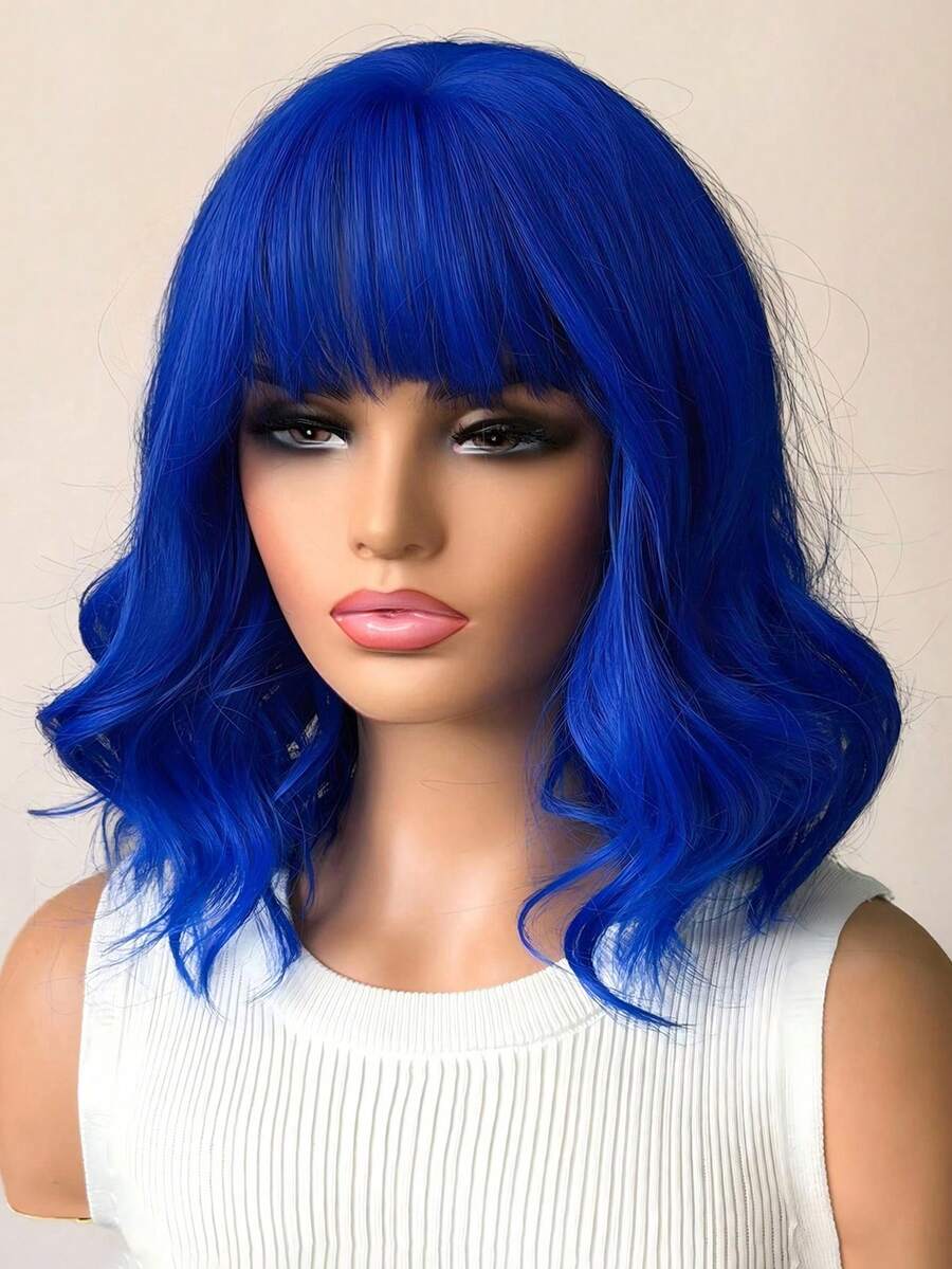 16-Inch Gradient Blue Short Curly Synthetic Bob Wig with Bangs