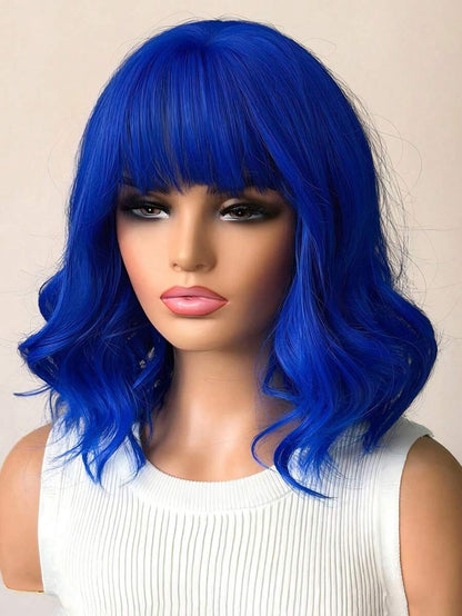 16-Inch Gradient Blue Short Curly Synthetic Bob Wig with Bangs