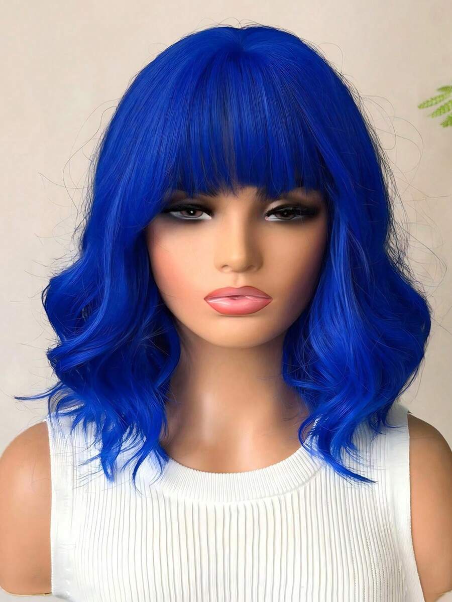 16-Inch Gradient Blue Short Curly Synthetic Bob Wig with Bangs