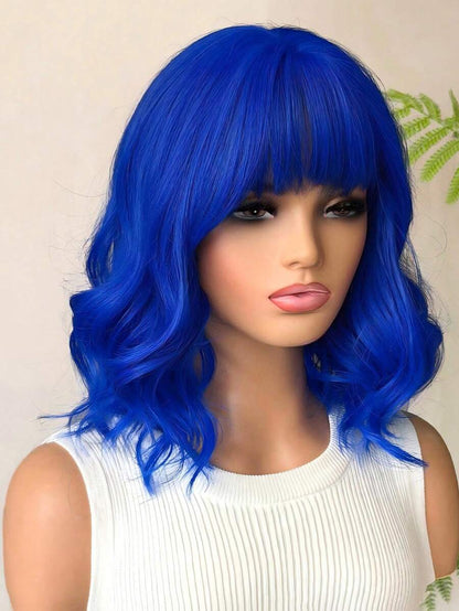 16-Inch Gradient Blue Short Curly Synthetic Bob Wig with Bangs