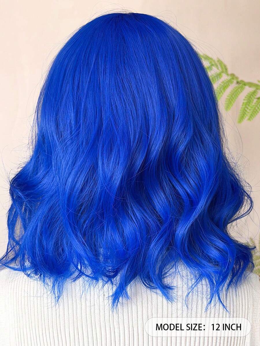 16-Inch Gradient Blue Short Curly Synthetic Bob Wig with Bangs