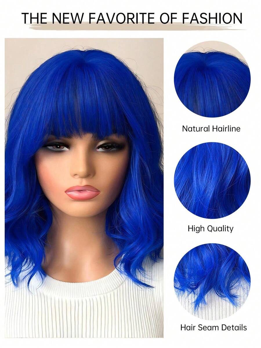 16-Inch Gradient Blue Short Curly Synthetic Bob Wig with Bangs