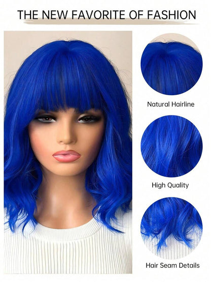 16-Inch Gradient Blue Short Curly Synthetic Bob Wig with Bangs