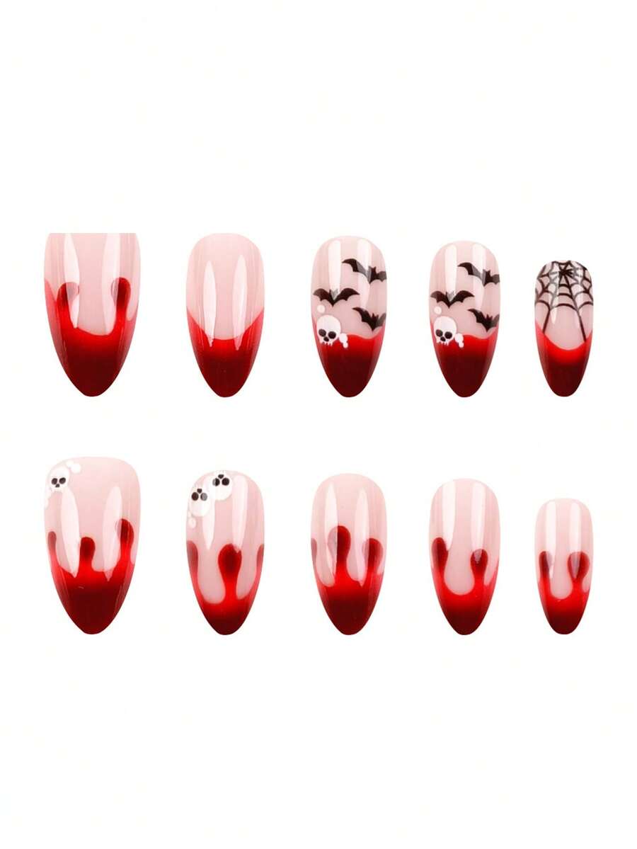 24-Piece Short Almond Halloween Press-On Nail Set with Pumpkin and Spider Design