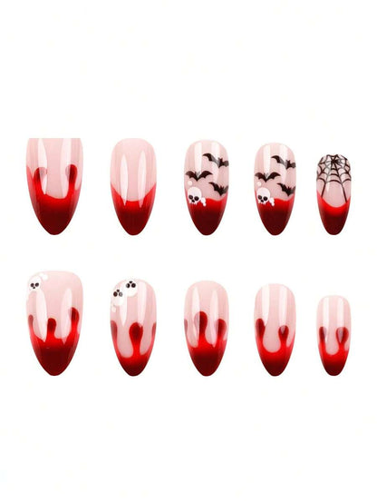 24-Piece Short Almond Halloween Press-On Nail Set with Pumpkin and Spider Design