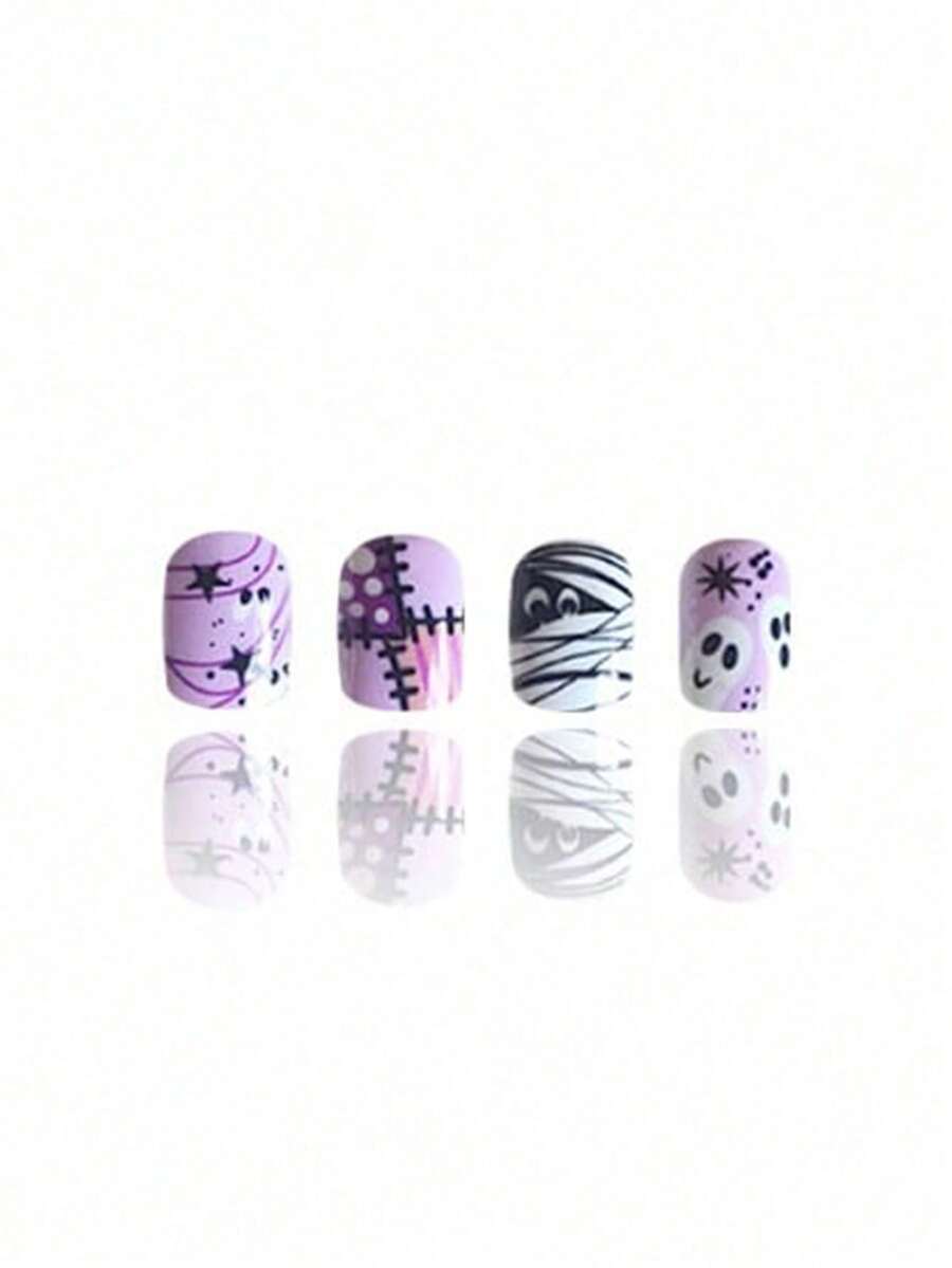 24-Piece Short Square Halloween Press-On Nail Set with Mummy and Ghost Design