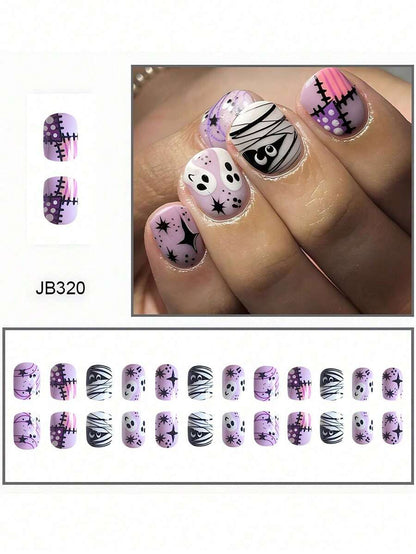 24-Piece Short Square Halloween Press-On Nail Set with Mummy and Ghost Design