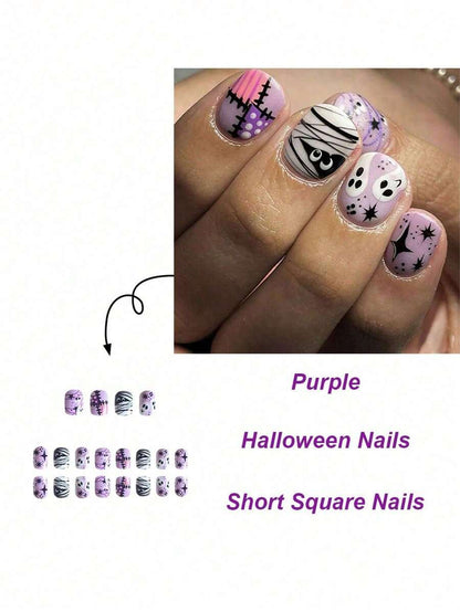 24-Piece Short Square Halloween Press-On Nail Set with Mummy and Ghost Design
