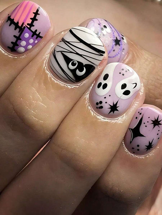 24-Piece Short Square Halloween Press-On Nail Set with Mummy and Ghost Design