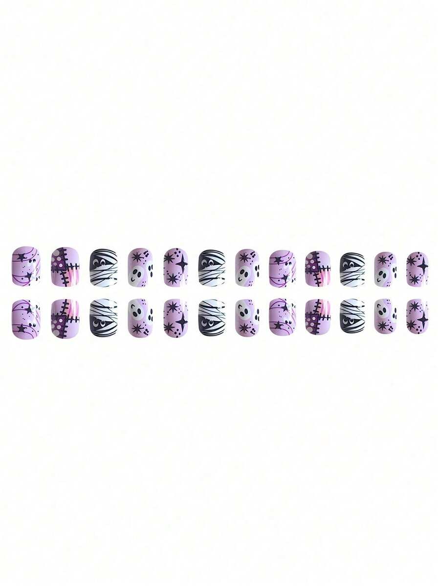 24-Piece Short Square Halloween Press-On Nail Set with Mummy and Ghost Design