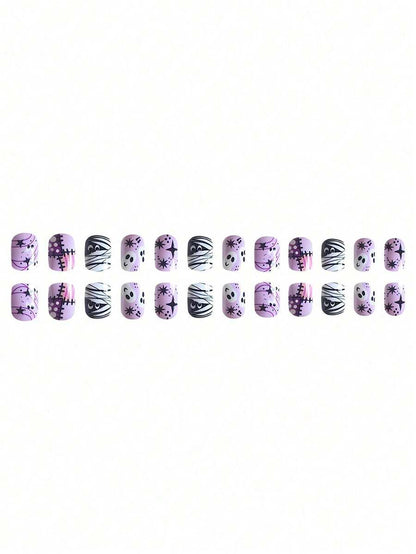 24-Piece Short Square Halloween Press-On Nail Set with Mummy and Ghost Design