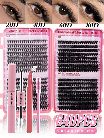 640-Piece Mixed-Length D-Curl DIY Lash Cluster Kit with Glue, Tweezers and Brush