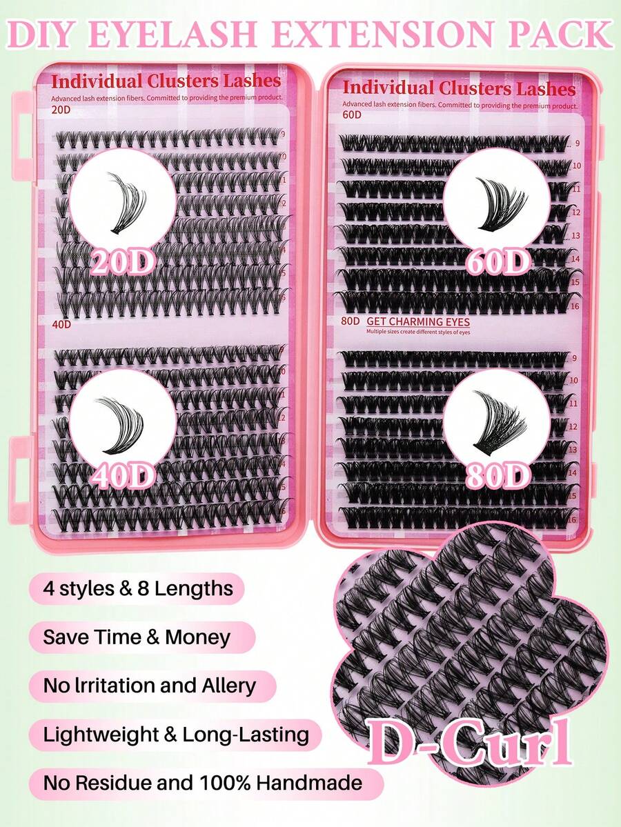640-Piece Mixed-Length D-Curl DIY Lash Cluster Kit with Glue, Tweezers and Brush