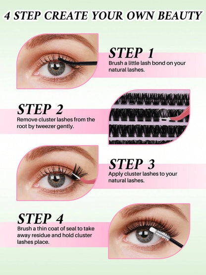 640-Piece Mixed-Length D-Curl DIY Lash Cluster Kit with Glue, Tweezers and Brush