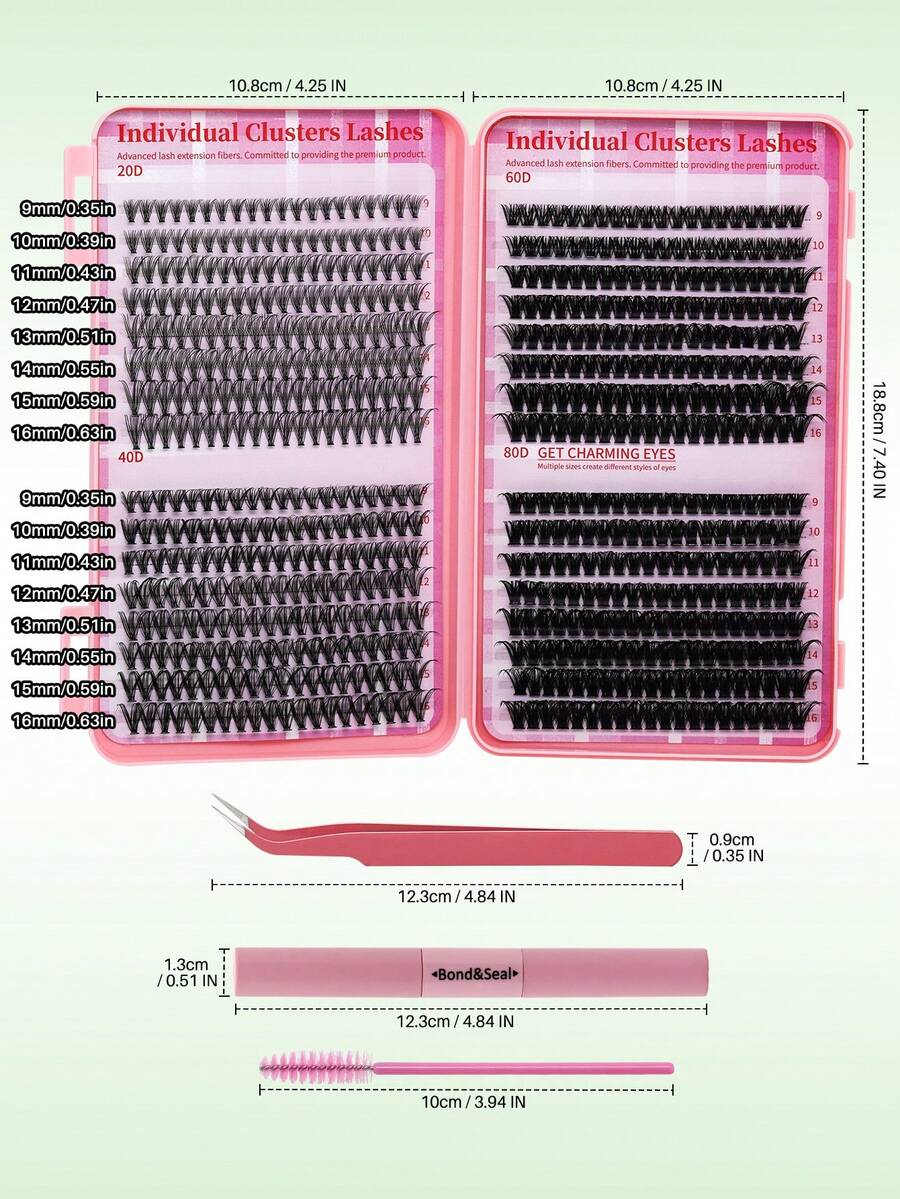 640-Piece Mixed-Length D-Curl DIY Lash Cluster Kit with Glue, Tweezers and Brush