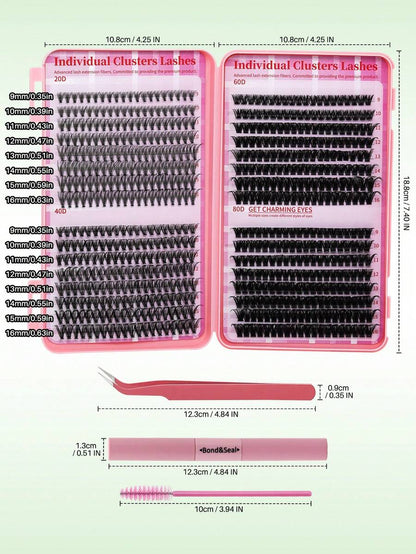 640-Piece Mixed-Length D-Curl DIY Lash Cluster Kit with Glue, Tweezers and Brush