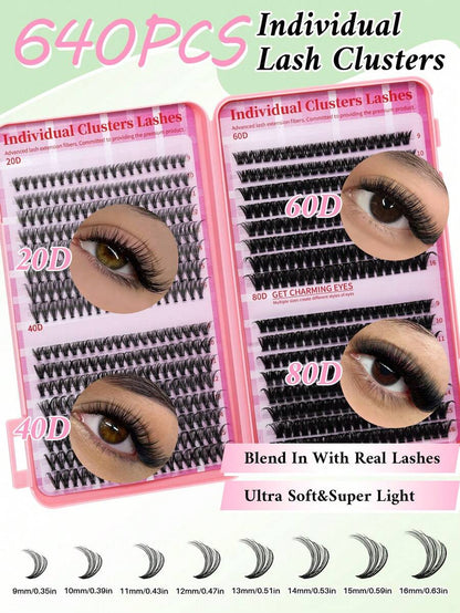 640-Piece Mixed-Length D-Curl DIY Lash Cluster Kit with Glue, Tweezers and Brush