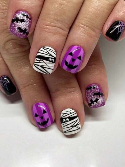 24-Piece Short Square Halloween Press-On Nail Set with Mummy and Ghost Design