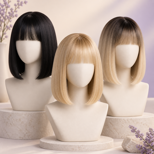 Three featureless mannequins displaying black, gold blonde and blonde ombre bob wigs with bangs