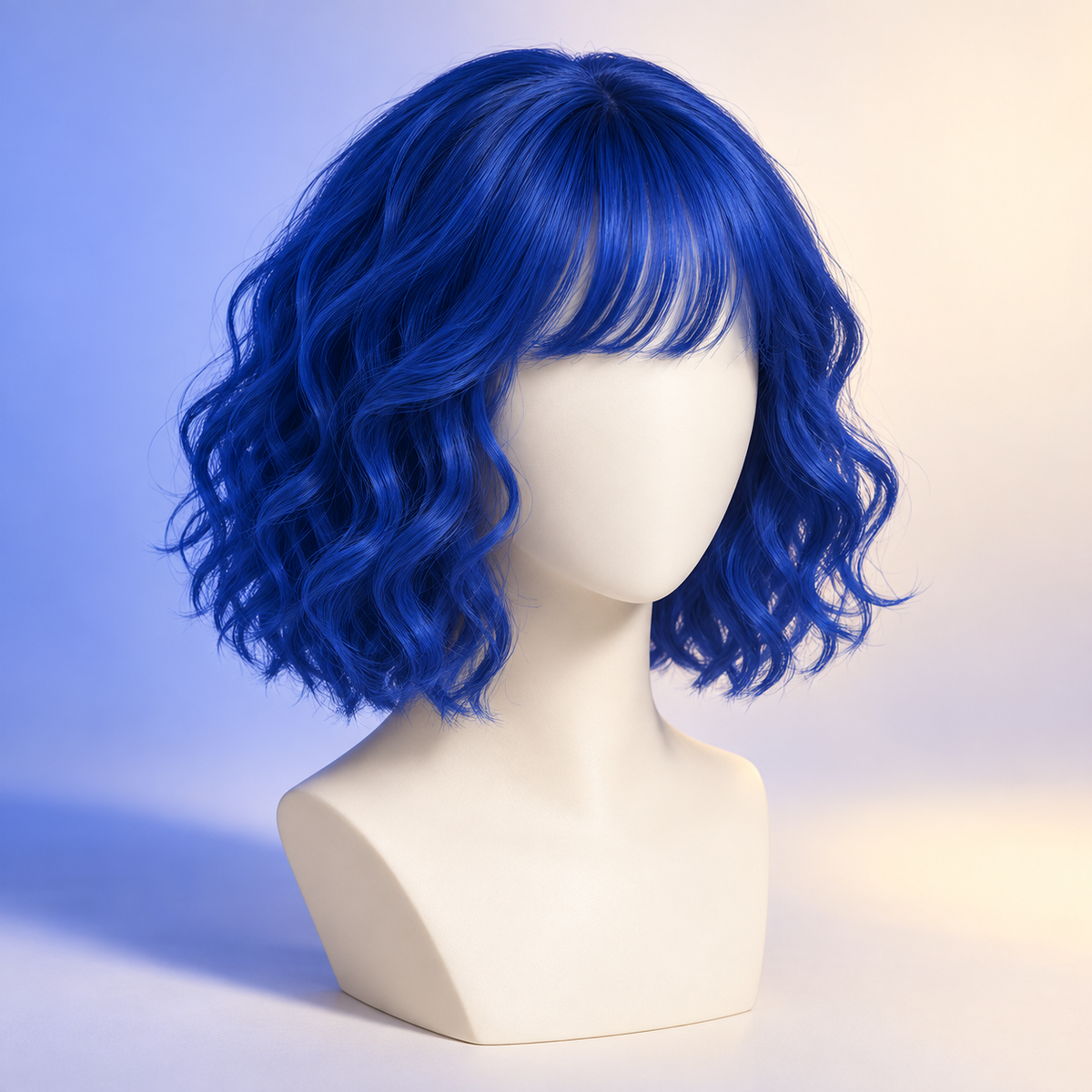 Featureless mannequin displaying a cobalt-blue short curly bob wig with bangs