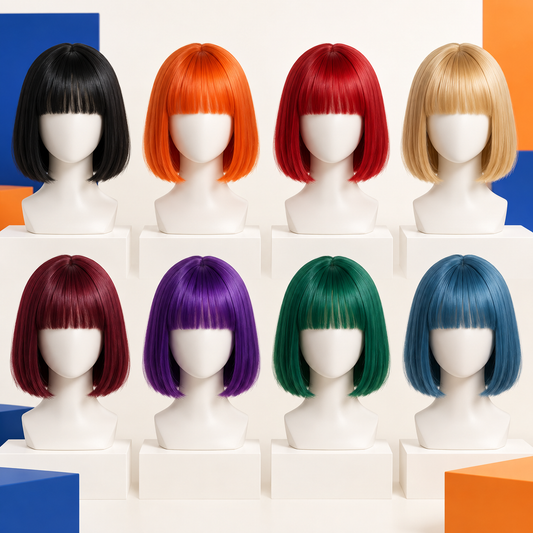 Eight featureless mannequins displaying short bob wigs with bangs in eight colors