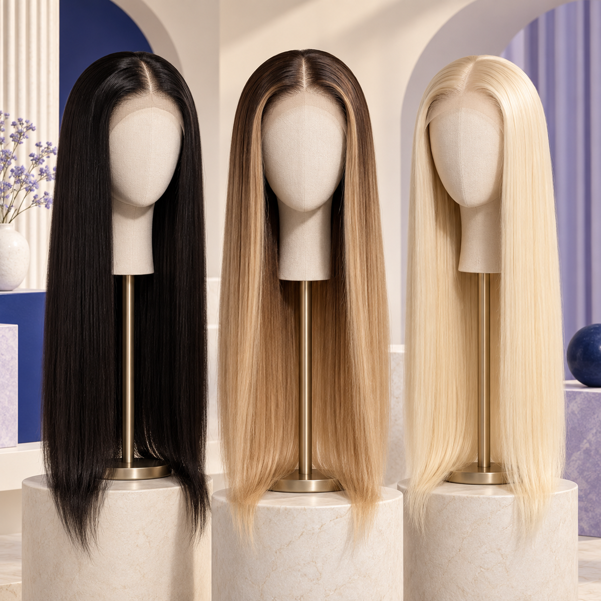 Three featureless display heads with natural black, honey ombre and warm blonde lace-front wigs