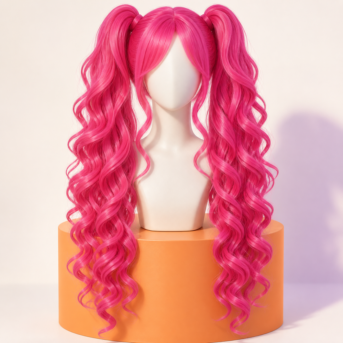 Featureless mannequin displaying a long hot-pink curly twin-ponytail wig