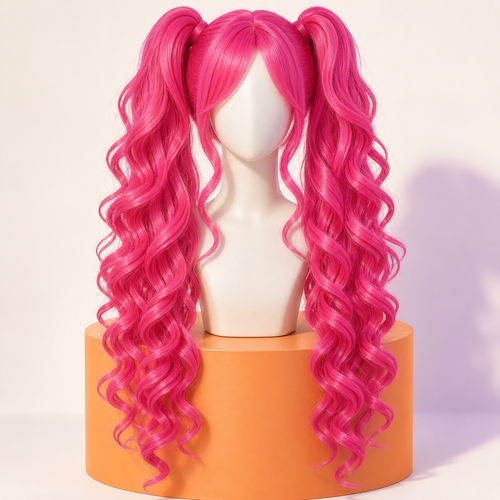 Featureless mannequin displaying a long hot-pink curly twin-ponytail wig