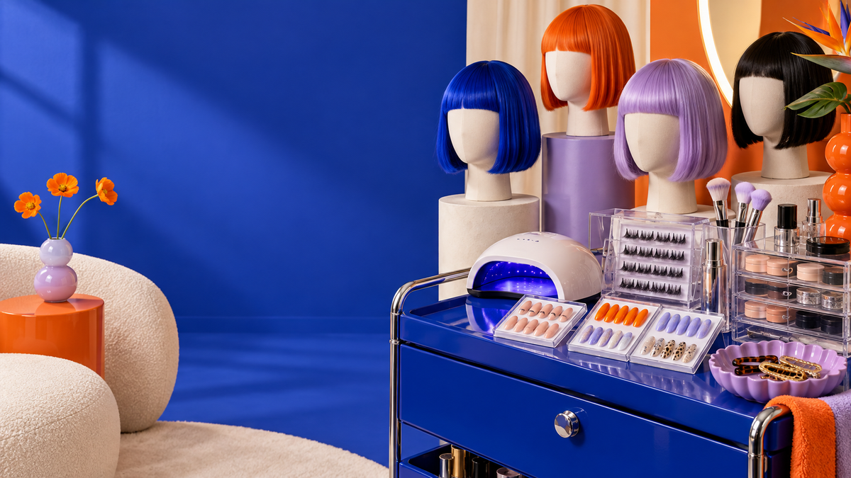MELYDOR color lab with unbranded wigs, nail tools, lash clusters and makeup organizers